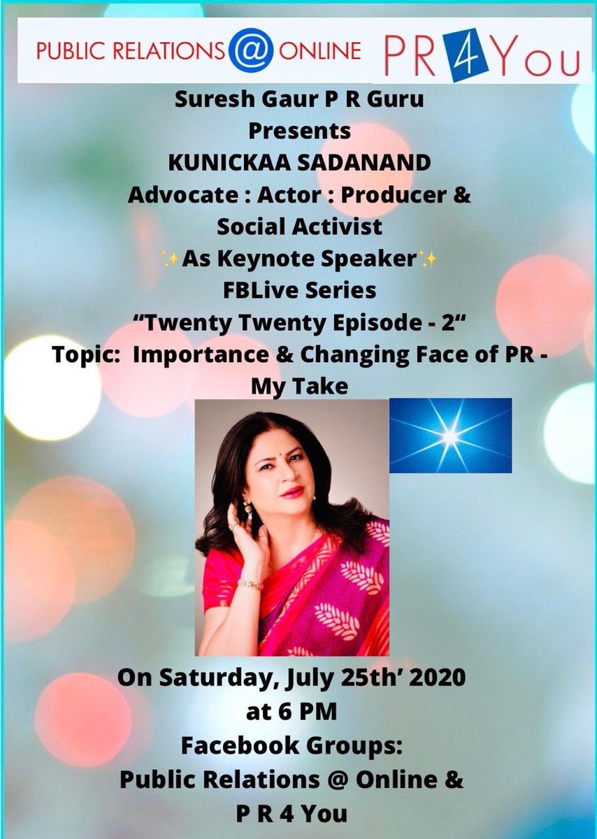 sureshgaur56's tweet photo. Good Morning My Dear Friends 🙋🏻♂️
Have a blessed Sunday, July 19th’ 2020🤗💖🙏🏼🌹
Do remember to watch @Kunickaa #FBLive on #Saturday, #July25 at #
#6pm IST on “Public Relations @ Online & “P R 4 You” #FBGroupPage.
Lots of PR aka Pyaar💕
#PublicRelations #PR #publicrelations #pr https://t.co/EWAu2td05O