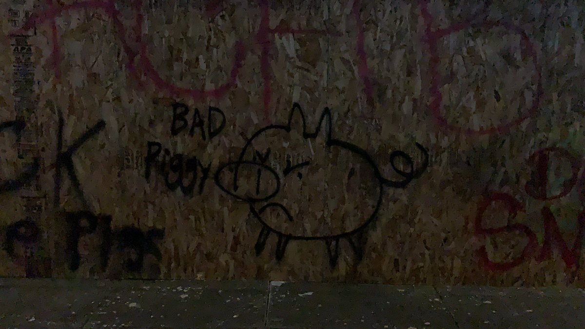 Still no sign of law enforcement. Protesters are tagging the PPA building, which is 85% covered in plywood from the last protest a few days ago.