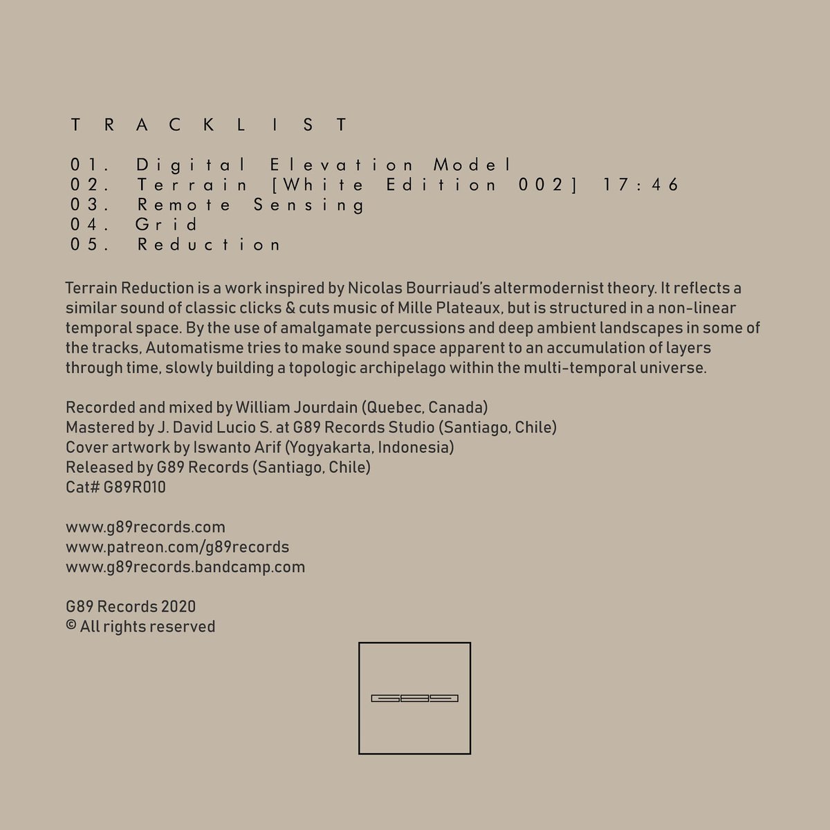 G89Records's tweet photo. Automatisme - Terrain Reduction [G89R010] Exclusive (via Patreon): August 07th 2020 #clicksandcuts #ambient #idm #minimalism #sounddesign #generativemusic #electronicmusic #minimalistmusic #automatisme #terrainreduction #g89r010 #g89records https://t.co/xFPbeNzyWd