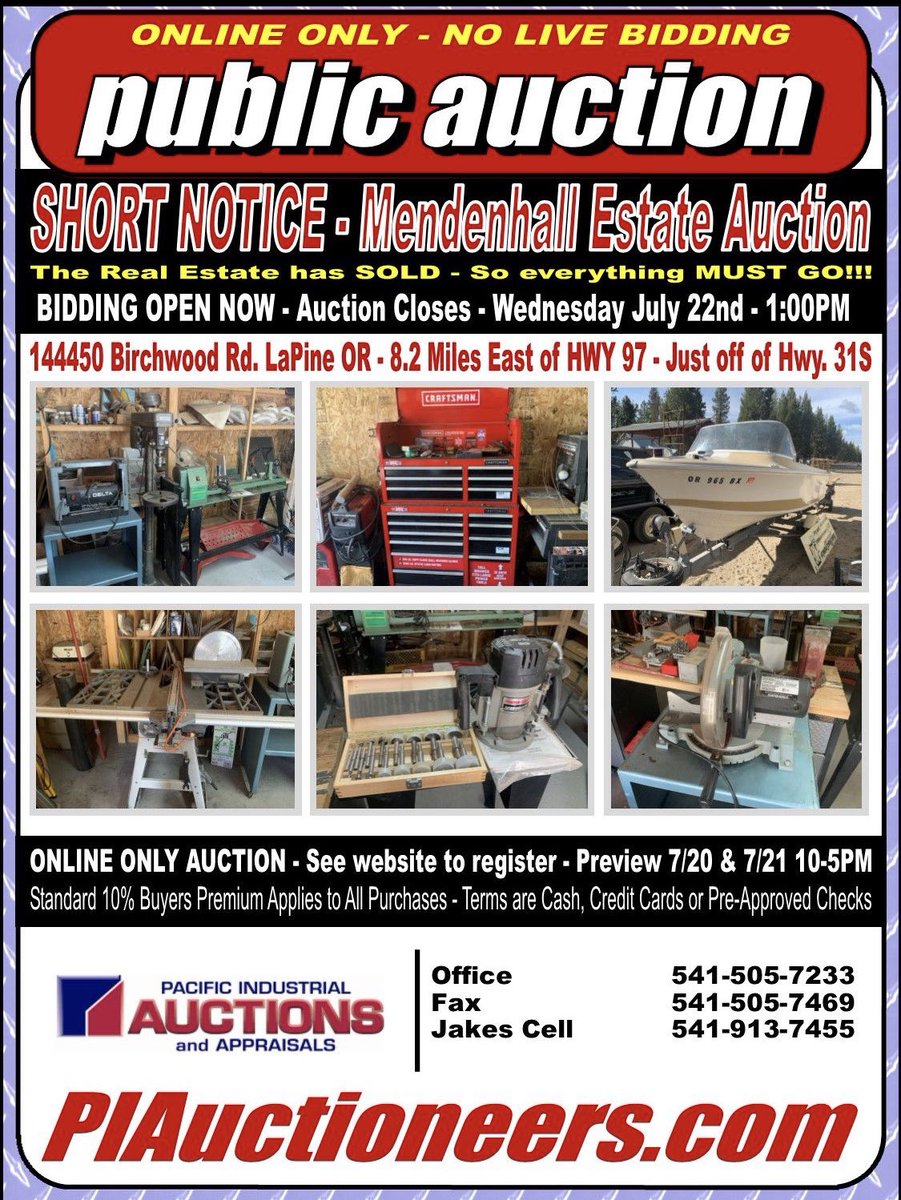 PIAuctioneers's tweet photo. The Mendenhall Estate #Auction starts to close on Wednesday, July 22nd at 1PM head on over to https://t.co/0yNPINFJ6Z for full auction details, pictures and to place your bids!

Onsite Preview at the auction location in LaPine is on Monday and Tuesday from 10am to 5pm https://t.co/21cCNY2QR4