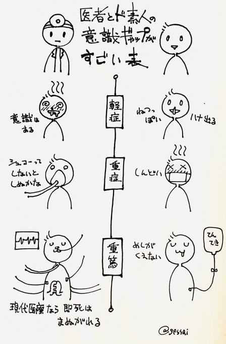 おじま紘平 東京都議会議員 練馬区 On Twitter Gessaiさんによる 医者とド素人の意識ギャップがすごい表 私の言いたかったことが集約されています 重症者は集中治療室 Icu での治療がマストなので Icu病床の使用数でカウントされますが 軽症 中等症の間