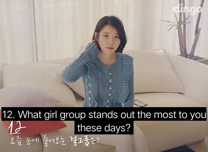 IU (2017) Q. What girlgroup stands out the most these days?IU. OH MY GIRLIU. EVERY MEMBER STAND OUR IN THEIR OWN WAY