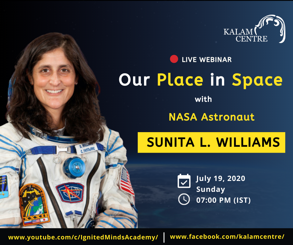 kalamlibrary's tweet photo. Dr. APJ Abdul Kalam Centre invites you to join Dr. Kalam Memorial Lecture at 07:00 PM (IST) today where NASA astronaut Sunita Williams will be discussing "Our Place In Space."
For login details, click https://t.co/shdYVFs5h6
#BeAnAstronaut #KalamLecture #AskSunitaWilliams https://t.co/xaLVZsyjIA