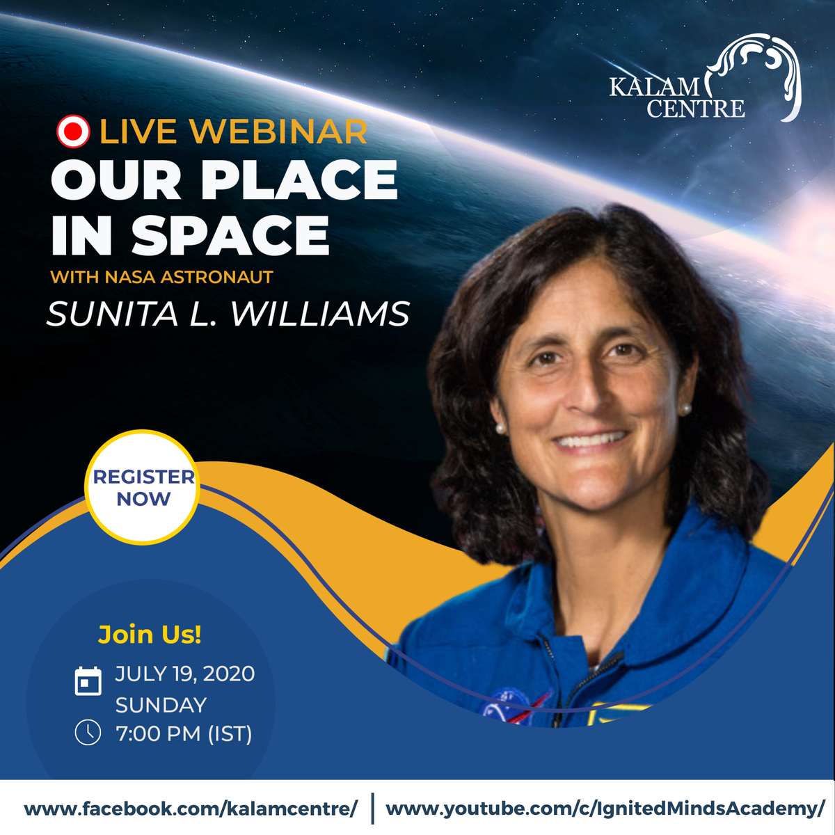 GivinglightIN's tweet photo. Dr. APJ Abdul Kalam Centre invites you to join Dr. Kalam Memorial Lecture at 07:00 PM (IST) today where NASA astronaut Sunita Williams will be discussing "Our Place In Space."
For login details, click https://t.co/3ygU1ON8wl
#BeAnAstronaut #KalamLecture #AskSunitaWilliams https://t.co/tyoRF2CzNl