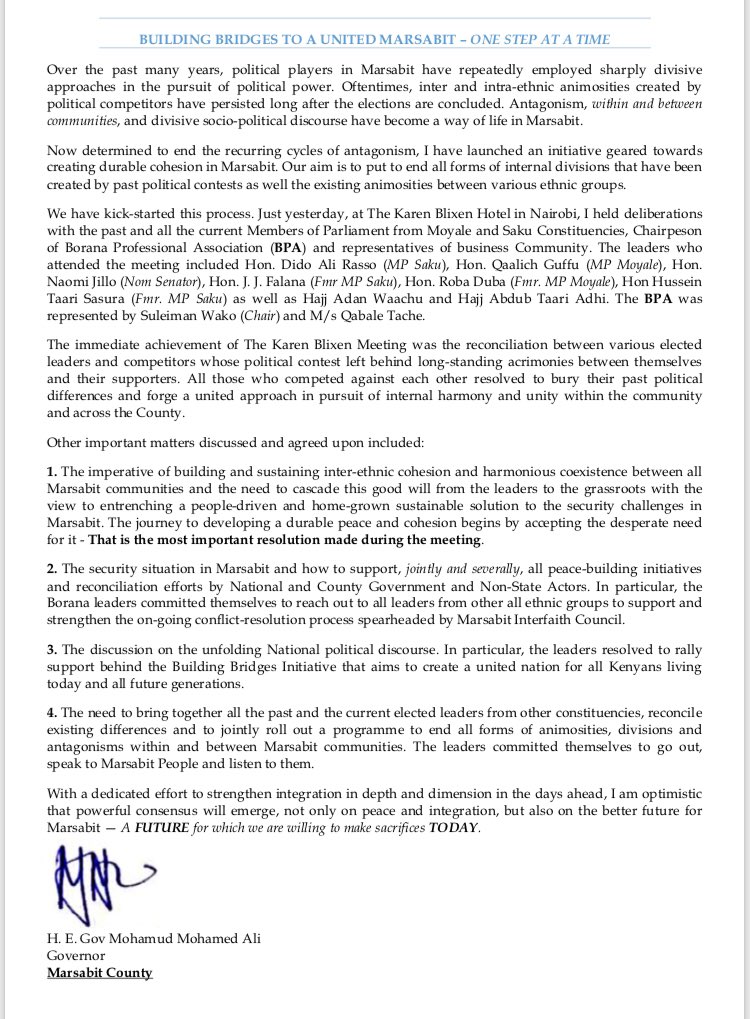 GovMohamudAli's tweet photo. BUILDING BRIDGES TO A UNITED MARSABIT – ONE STEP AT A TIME
Over the past many years, political players in Marsabit have repeatedly employed sharply divisive approaches in the pursuit of political power. Oftentimes, inter and intra-ethnic animosities created by political https://t.co/xnANMLkB6N