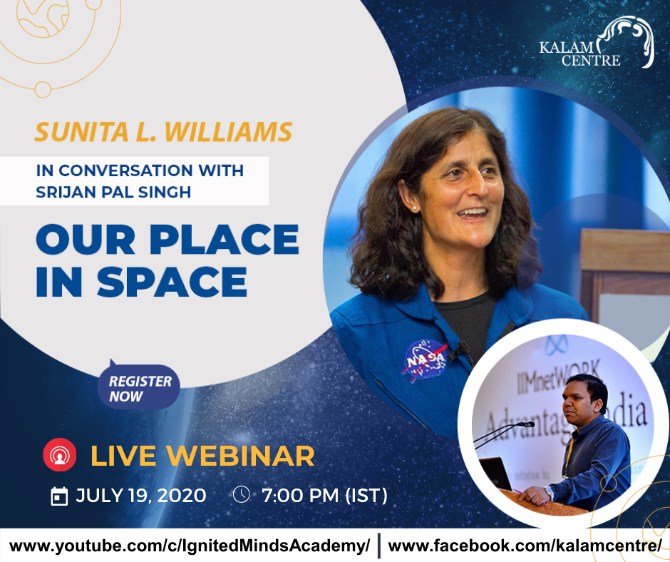 srijanpalsingh's tweet photo. Will be speaking live to Astronaut Sunita Williams from NASA at 07:00 PM (IST) today on 'Our Place In Space.'. Do Join. Feel free to recommend others to attend. #KalamLecture #AskSunitaWilliams #KalamCentre https://t.co/xpk0cPq7gF