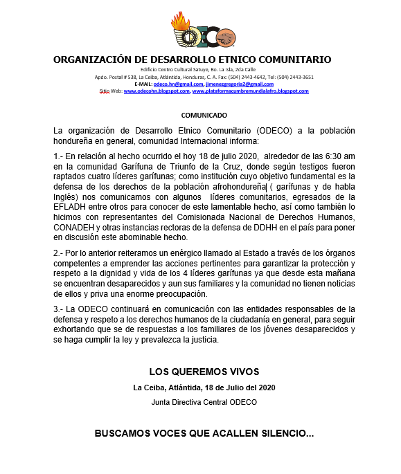 Líderes garífunas de la comunidad Garífuna de Triunfo de la Cruz,Tela,Honduras, fueron raptados por desconocidos.<a href="/CIDH/">CIDH - IACHR</a> <a href="/CONADEH/">CONADEH-La Defensoría Del Pueblo</a> <a href="/AmnistiaOnline/">Amnistía Internacional Américas</a> <a href="/ONUHumanRights/">ONU Derechos Humanos Colombia</a> <a href="/sedhHonduras/">Secretaría de Derechos Humanos</a>