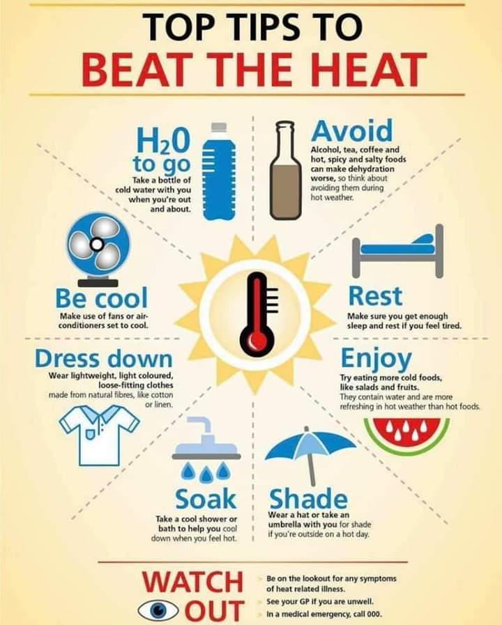 IP_WVT's tweet photo. Some simple tips on how to beat heat related illnesses by the @cdiffFoundation. Remember:
         💦 ☂️ 👕 🍉😴 🚿
#BeatTheHeat #reduceinfection 
@WyeValleyNHS @HW_CCG https://t.co/qqtCmAGe1A
