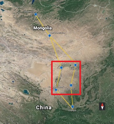 From the inscription site, going further southeast for about 600 km, crossing the Gobi desert, we enter a vast area in North China, where a large population of Xiongnu people, many of whom defected to Han dyn, lived with other nomadic tribes &Chinese before 5 c AD