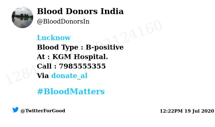 BloodDonorsIn's tweet photo. #Lucknow
Need #Blood Type :  B-positive
At : KGM Hospital. 
Number of Units : 2
Primary Number : 7985555355
Secondary Number : 8368463763
Via: @donate_al
#BloodMatters
Powered by Twitter https://t.co/PSI6vra88j
