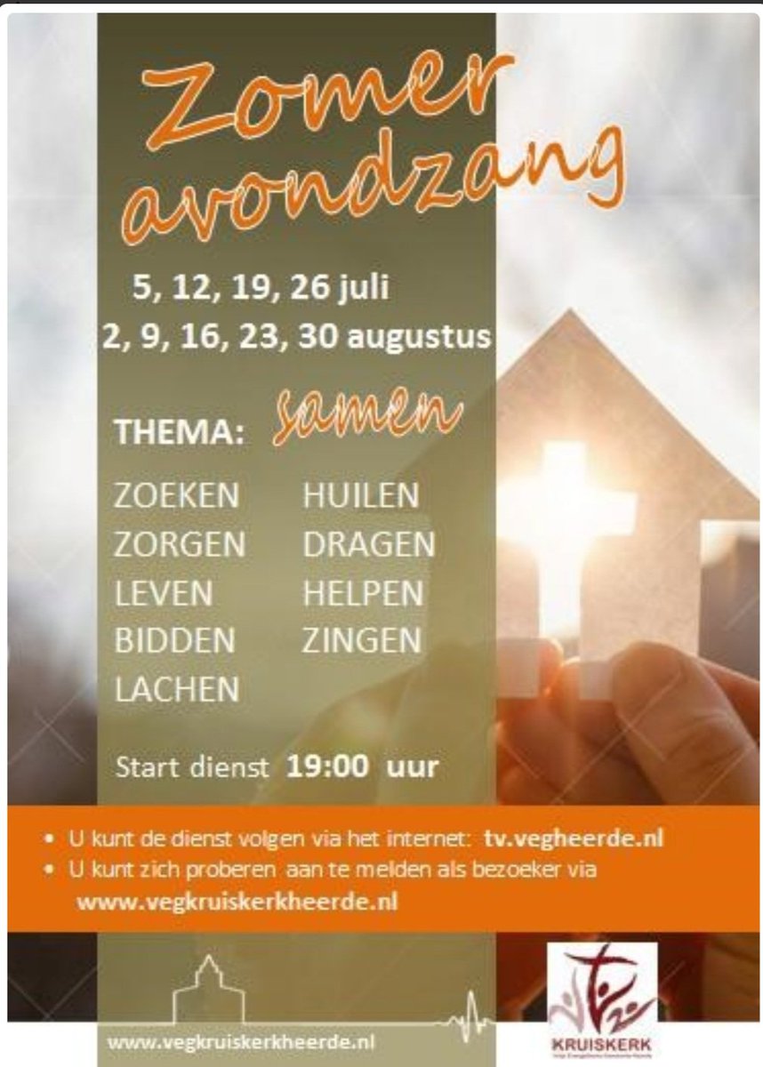VEGHeerde's tweet photo. Vanavond om 19.00 uur is er weer #zomeravondzang. Het thema is #samen #leven. Voor bezoek aan de dienst graag aanmelden via https://t.co/KBfplEPN9x. De livestream is te volgen via https://t.co/sH8HdXeCDT #kruiskerk #heerde. https://t.co/0UfIJmQ4lm