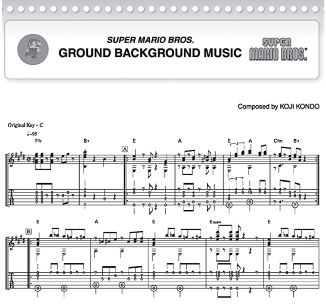 ロケットミュージック ギターのためのスーパー マリオ集 輸入ギター楽譜 ギターでマリオの音楽を 五線譜とtab譜どちらも記載されています 歴代のシリーズの中から14種類をピックアップ 皆さんが1番プレイしたのはどれでしょうか T