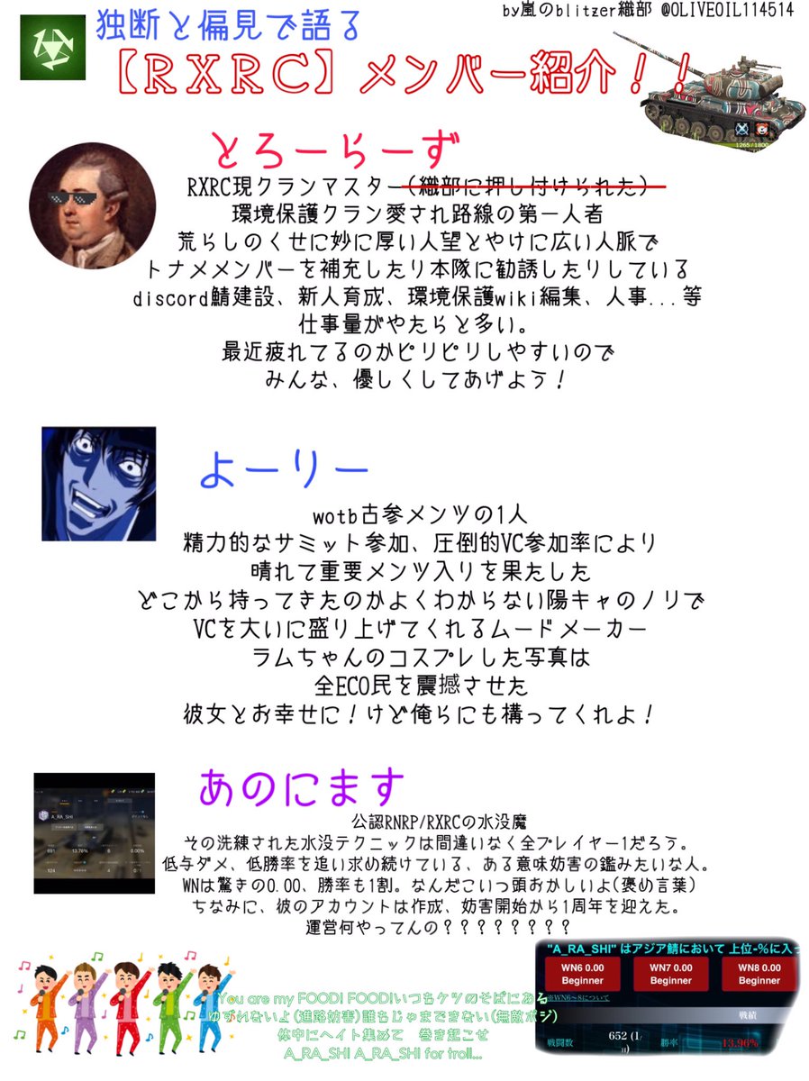 RXRC_official's tweet photo. 『独断と偏見で語るＲＸＲＣメンバー紹介』

執筆:嵐のblitzer織部
個性豊かなメンバーを画像で紹介してみました
よければ♡、RTよろしくお願いします♻️

#wotb #wotblitz
#RXRC #RNRP
#ECO戦車道　#真面目にやるわけねえだろバーーカwwww https://t.co/P3gTAcqfhz