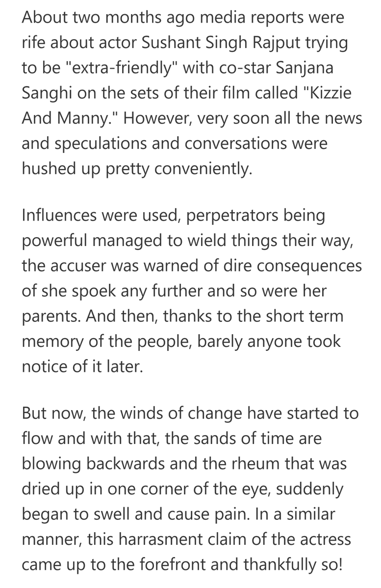 What followed on Oct 19 2018 was disgusting. The articles that came out talked about Sushant using power to silence Sanjana and what's worse? It further detailed the fake metoo allegations to make it more believable. It was sick. Wonder who was so hell bent on ruining SSR image?