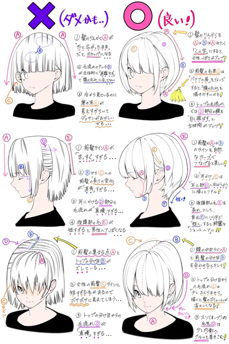 【ショートヘアの描き方】

女の子の髪型が上達するための

「ダメかも❌」と「良いかも⭕️」 
