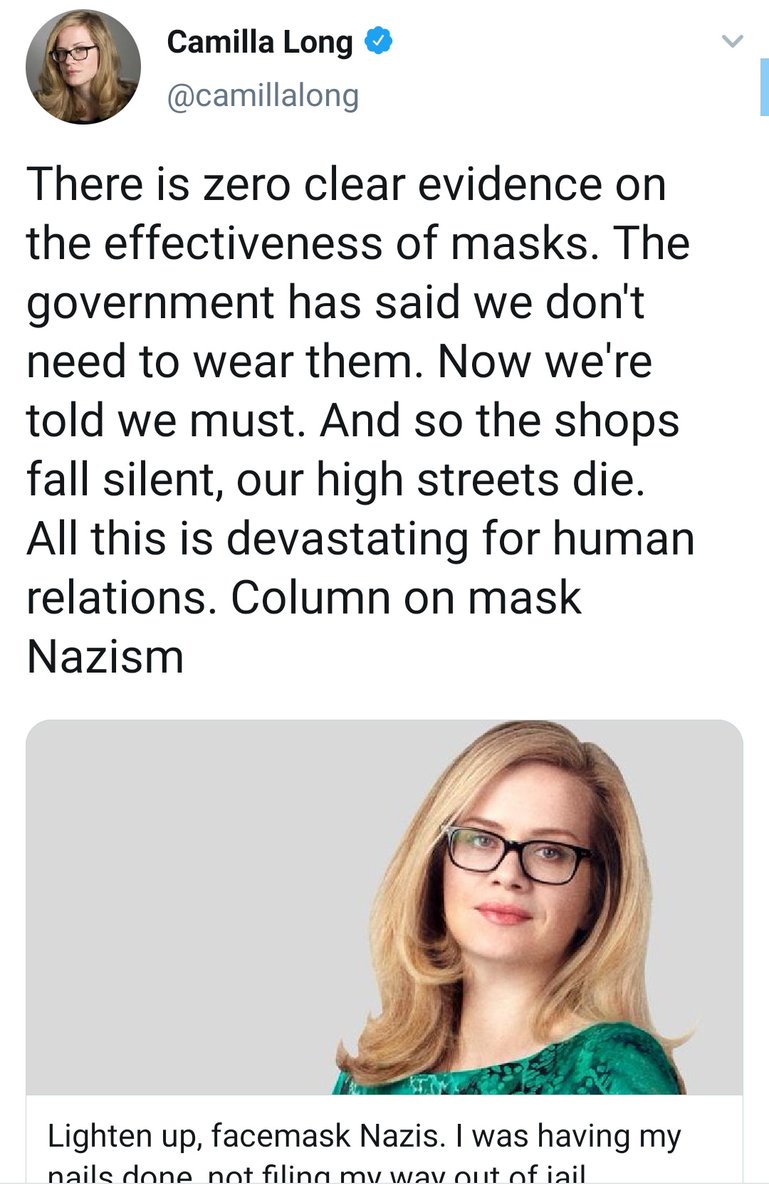 LaraRixon's tweet photo. Imagine being so desperate to be talked about that you don't care how damaging what you say is, so you ignore science and compare wearing masks to Nazism.
Everyone, meet Camilla. https://t.co/TOeoDCs2BY