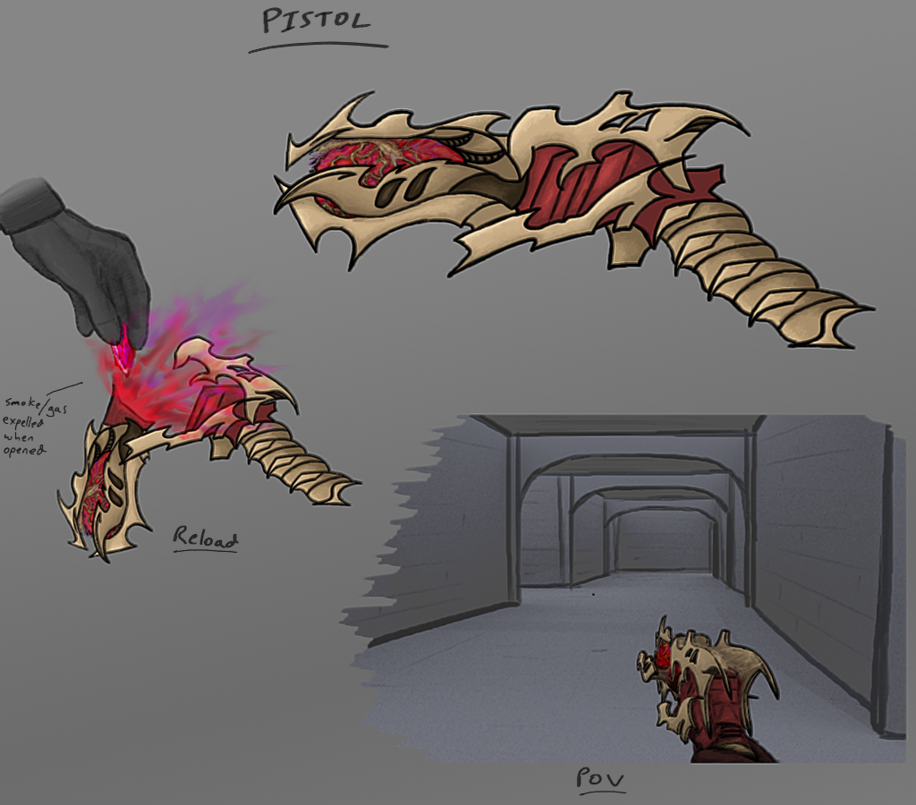 ImmergoMedia's tweet photo. We have some more concept art to show off today, this time - the pistol. The first image was the original design by @_Jhin1 which was then reiterated on by @JeremyFarrugia. This weapon is in production, hopefully we can show it off to you guys soon! #Immergo #indiedev #gamedev https://t.co/bNgvOgbphO