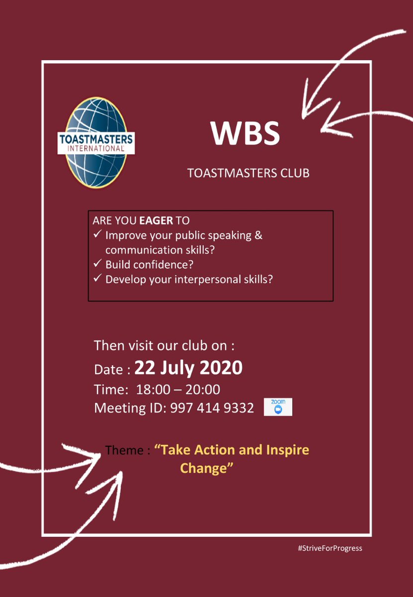 ToastmastersWBS's tweet photo. "The essence of Leadership is INFLUENCE, not Authority" - Ken-Lear
You are invited to join WBS Toastmasters club online meeting and witness young vibrant individuals striving to become great LEADERS and enhancing their public speaking skills💯
#NoSignUpNeeded!👏
#freeofcharge https://t.co/kaVDFqqC17