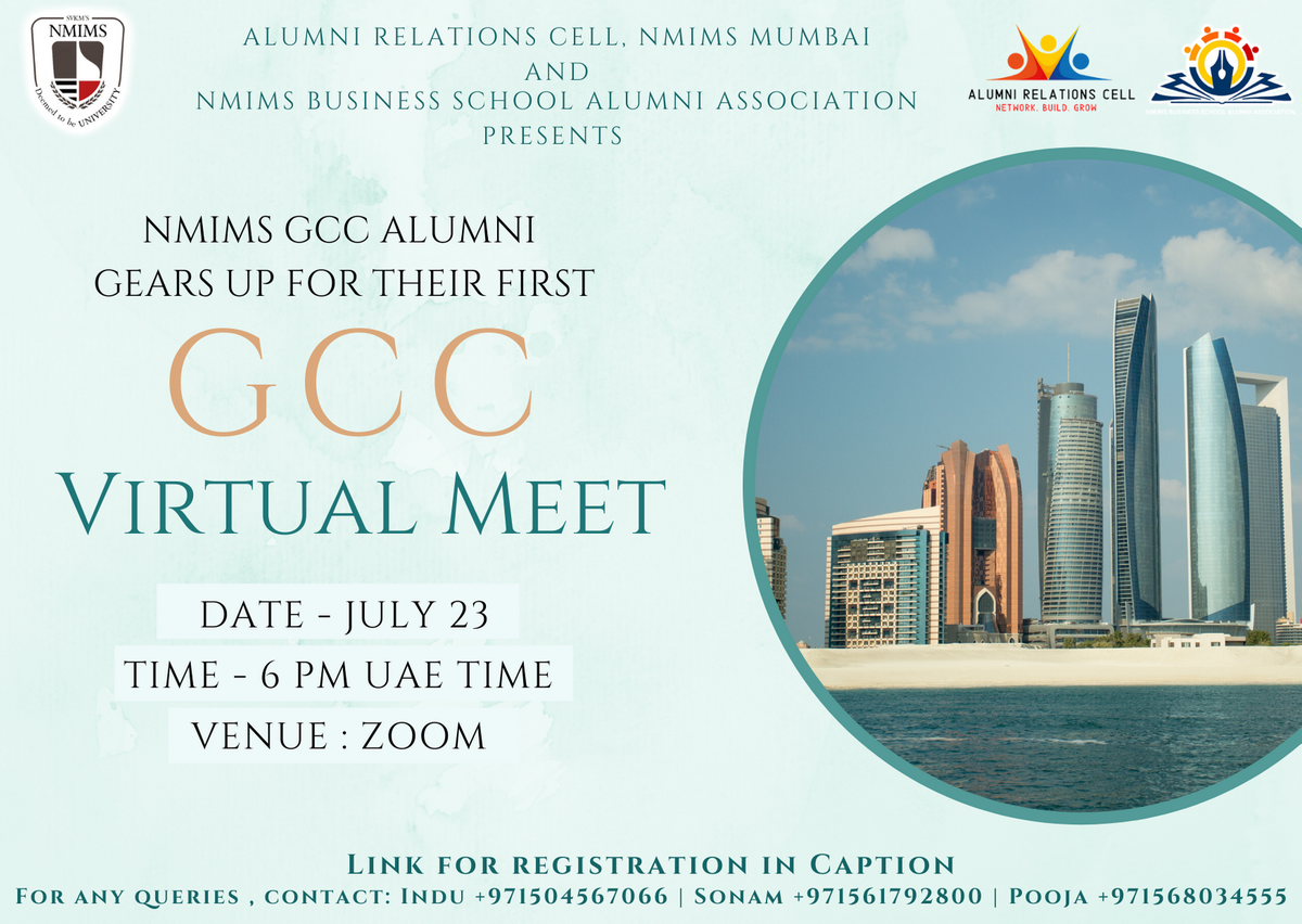 A laugh to share, a story to tell, and a moment to cherish. Our meets have been about reminiscing the fun times with our alumni coming together.  On behalf of the NMIMS GCC Alumni to attend the FIRST EVER Virtual UAE Meet!  Register at: tinyurl.com/UAEMeet