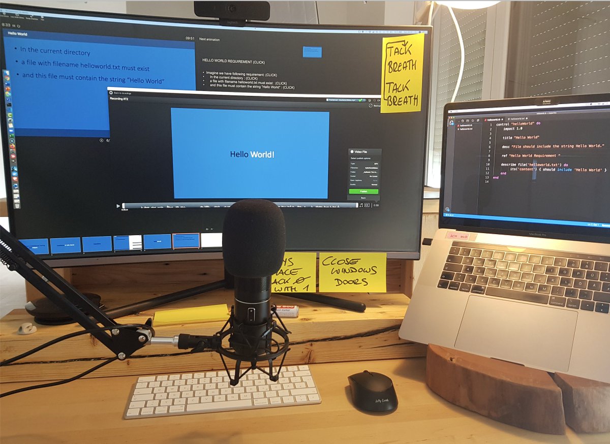 RudolfGroetz's tweet photo. #makingOfInspecCourse Time to work on the video lessons for my blended learning course "#DevSecOps with InSpec" which will be published in selected learning platforms in November - guess how long it takes to get a 3-minute lesson in the bag? #behindTheScenes https://t.co/knx50is2RH