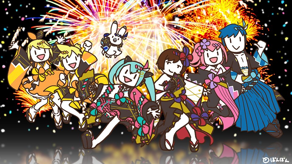 hatsune miku ,kagamine len ,kagamine rin ,kaito (vocaloid) ,megurine luka ,meiko (vocaloid) japanese clothes kimono multiple girls fireworks pink hair smile bow  illustration images