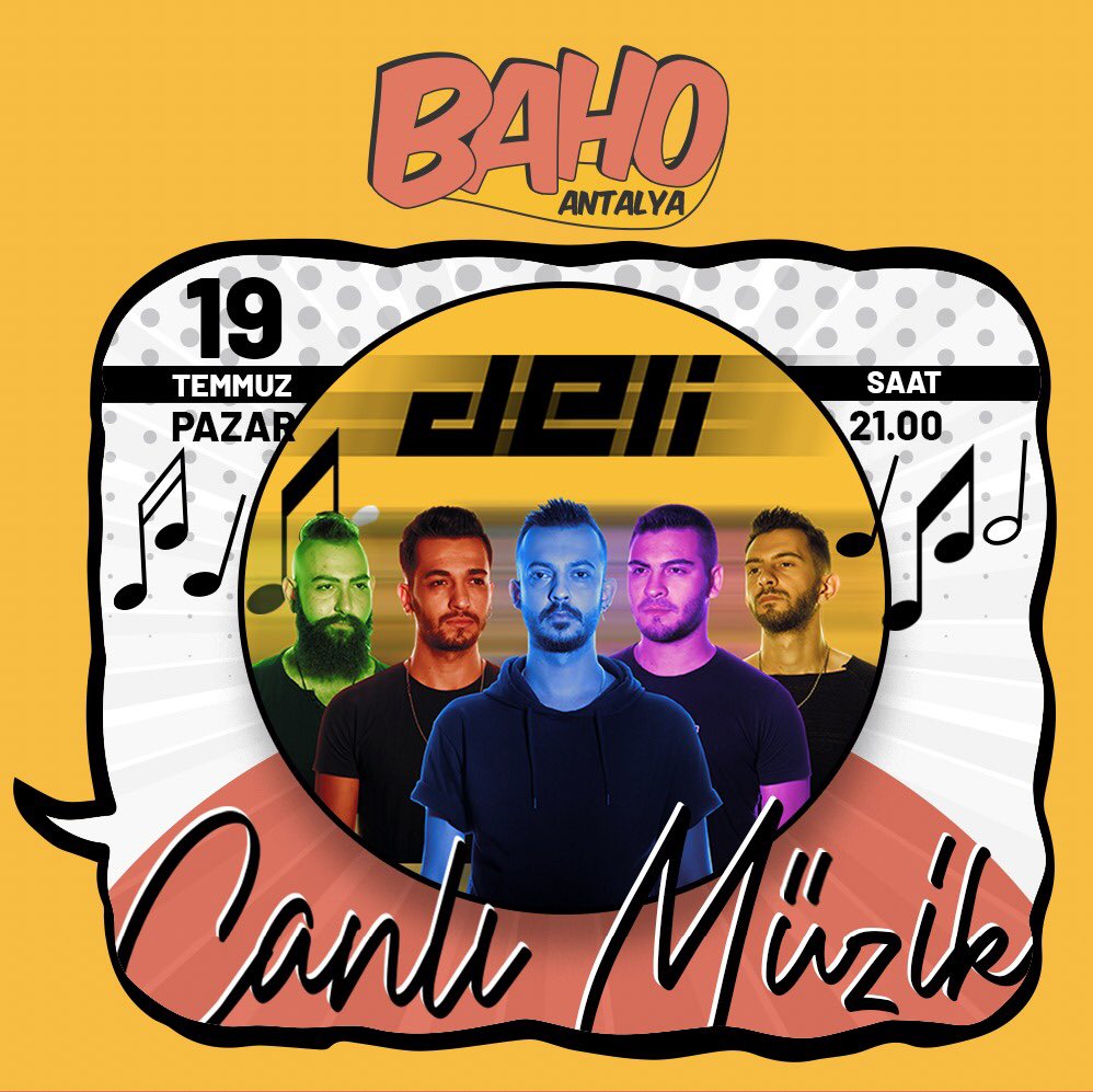 Deli Grubu bu akşam sizlerle 
19 Temmuz Pazar Bu akşam 21.00 sizlerle 
Rezervasyon: +90 0532 662 00 14 
#bahoantalya 
@deli_antalya <a href="/picadambaattin/">Baho Baattin</a> 
.
#antalya #baho #konyaaltı #pub #eğlence #kafe #müzik #yemek #lezzet #tad #keyif #canlımüzik #livemusic #live #karaoke