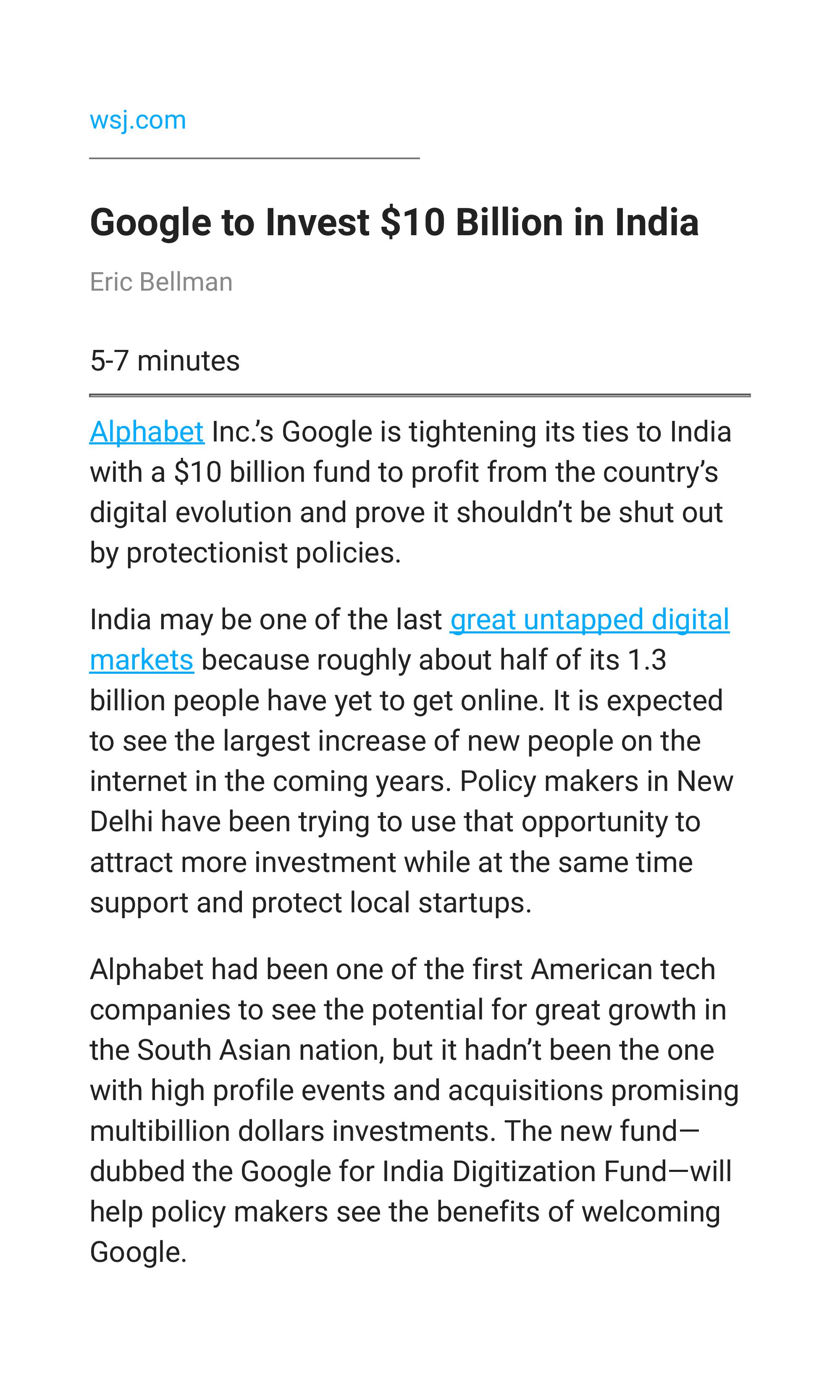 India In Bahrain Auf Twitter The Wall Street Journal Google To Invest 10 Billion In India Https T Co Wpcmewijtu Twitter