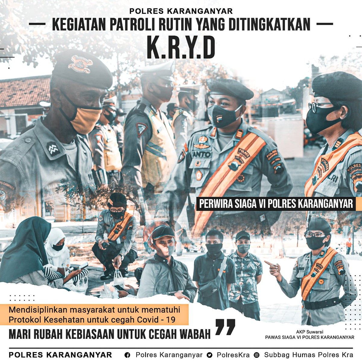 Polsekkra1's tweet photo. Pleton Siaga VI Polres Karanganyar dipimpin AKP Suwarsi mengingatkan terus meningkatkan kewaspadaan dengan disiplin protokol kesehatan. Pasalnya virus corona bisa dihindari dengan disiplin protokol kesehatan dalam melakukan aktifitas sehari-hari.
#OpsamanNusa2
#Jawatengah https://t.co/Lndo1PrL4S