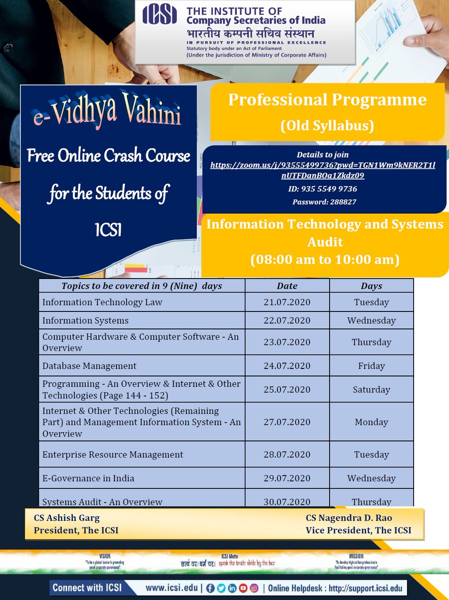 icsi_cs's tweet photo. #ICSI #e_VidhyaVahini Schedule of #free #online #crashcourse class of #Professionalprogramme (OS) of #InformationTechnology and #SystemsAudit #csashishgarg https://t.co/VensoTJl0l