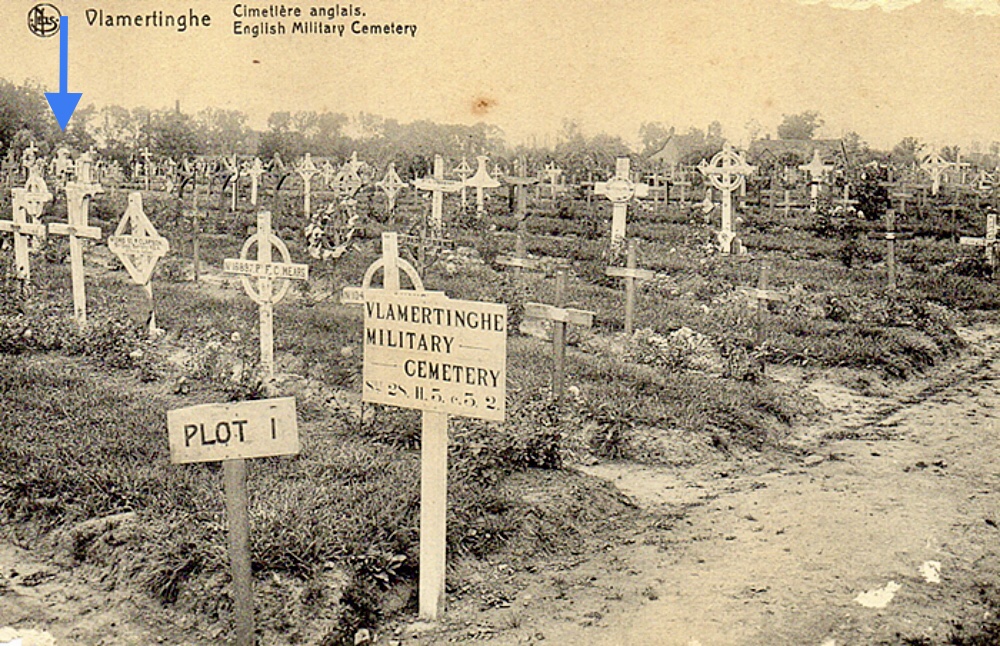 Now we have plot number in the cemeter, I wondered if I could find any other original images of the cemetery showing the stone marker? Quick search for VLAMERTINGHE MILITARY CEMETERY postcards bring up 2 showing the stone marker