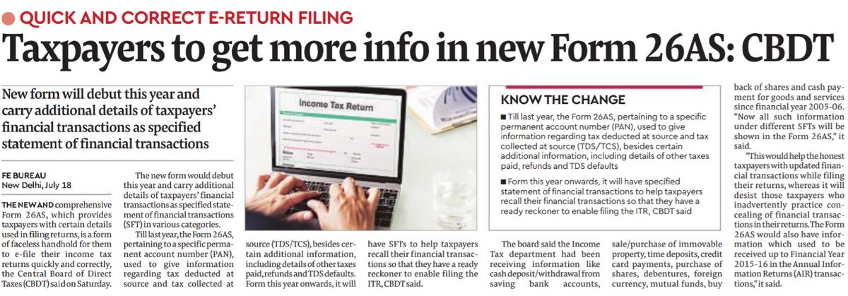 IncomeTaxIndia's tweet photo. "Taxpayers to get more info in new Form 26AS:CBDT" : Article in Financial Express today.
https://t.co/v0u7XSSkw2

#FacelessIncomeTax 
#New26AS https://t.co/rCFupZtoNO