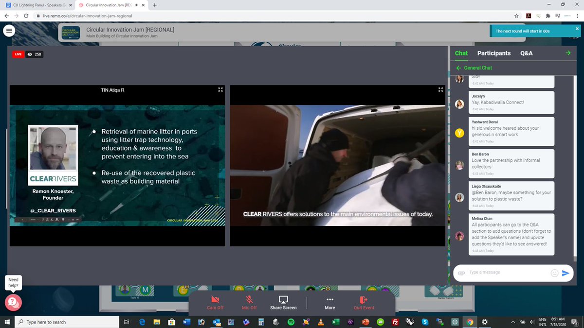 Great pleasure to present at the Circular Innovation Jam 2020; working on solutions to plastic litter together. CLEAR RIVERS wishes all participants success in finding new solutions for Asia!
Many thanks to: <a href="/TINcubation/">The Incubation Network</a> <a href="/secondmuse/">SecondMuse</a> 
#circularinnovationjam