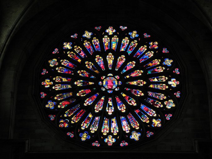 Irish stained glass Art and Crafts artist Wilhelmina Geddes designed the Rose Window (1938), St Martin's Cathedral, Ypres, Belgium #womensart