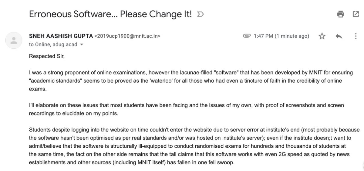 sneh_aashish's tweet photo. #MNITAgainstExams
Erroneous Software must be done away till the issues highlighted in screenshot of my mail aren't resolved and aren't verified by students in another mock exams either suspend exams till then or mass promote all of us! @mnitjofficial @HRDMinistry @DrRPNishank https://t.co/s5VivVRnGD
