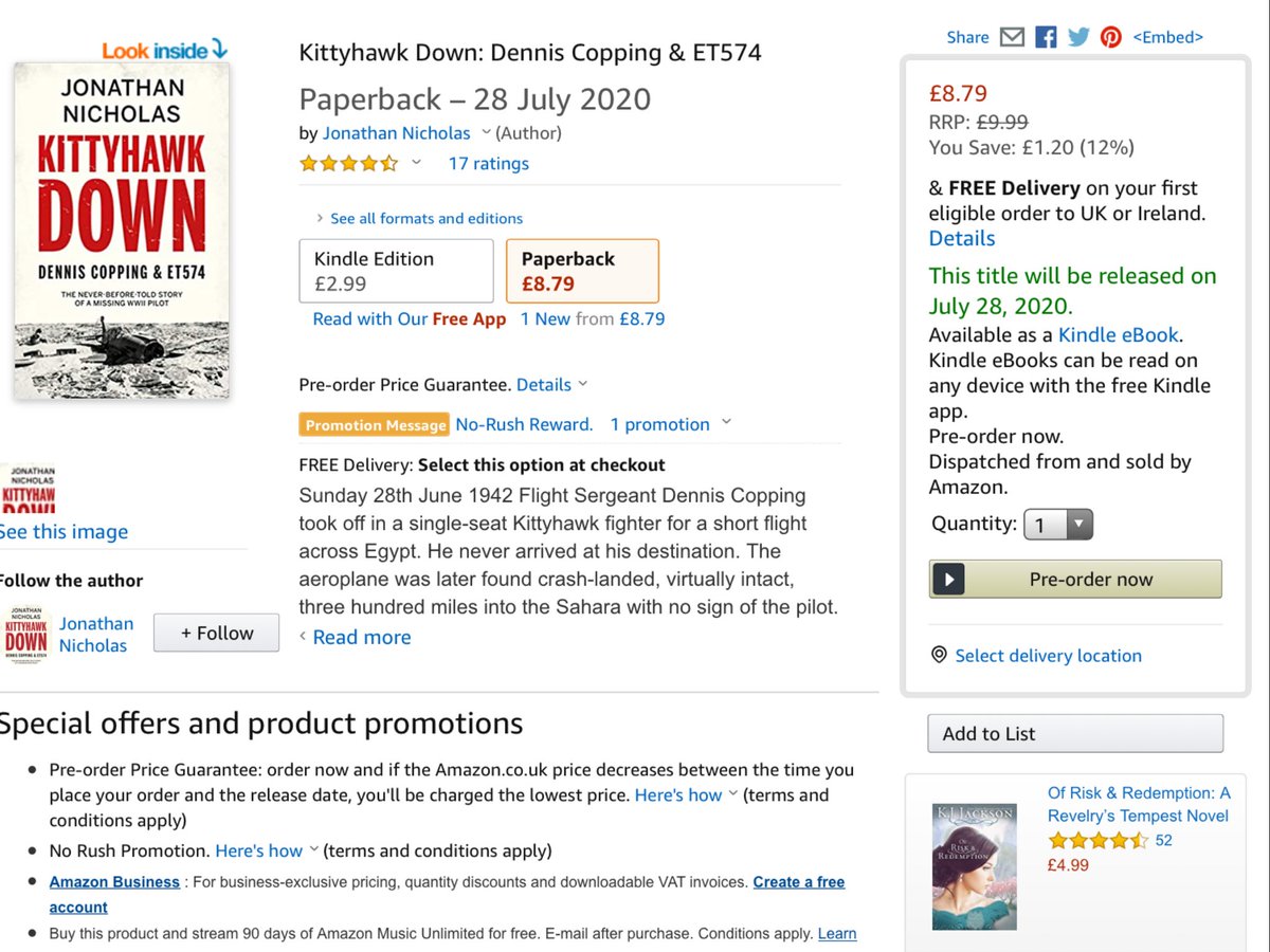 JonathanNichol4's tweet photo. At last the paperback will be released on 28th.
Delayed 4 months due to Covid19.
The ebook has been out several weeks already &amp; first reviews are promising. 
#Kittyhawkdown
#WW2
#Desertwar
#Denniscopping 

https://t.co/6I5OU1uU6r https://t.co/xdBOu7h89Z