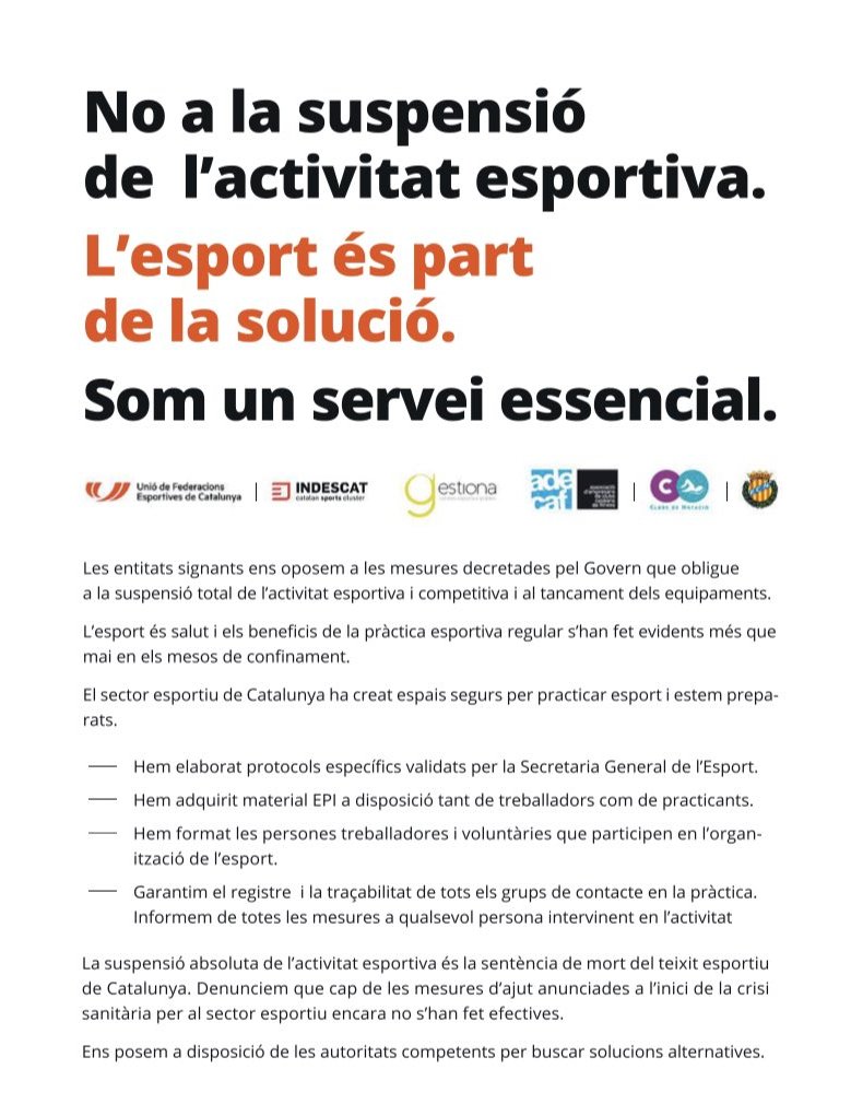 coplefc's tweet photo. 📢Ens sumem al Manifest del sector esportiu de Catalunya. Professionals i entitats de l'esport i l'activitat física som un servei essencial per la ciutadania. El sector esportiu unit per buscar solucions alternatives @esportcat  @UFECcat @AdecafFitness @indescat  @EsportSomTots https://t.co/K0qxQAJhLX
