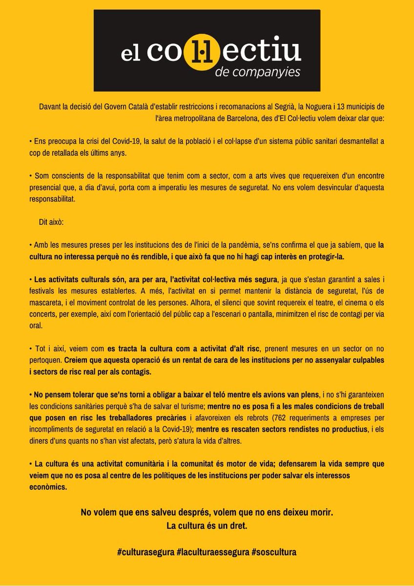 ElCollectiu's tweet photo. La cultura és un dret. #laculturaessegura https://t.co/tUVow4tUhk