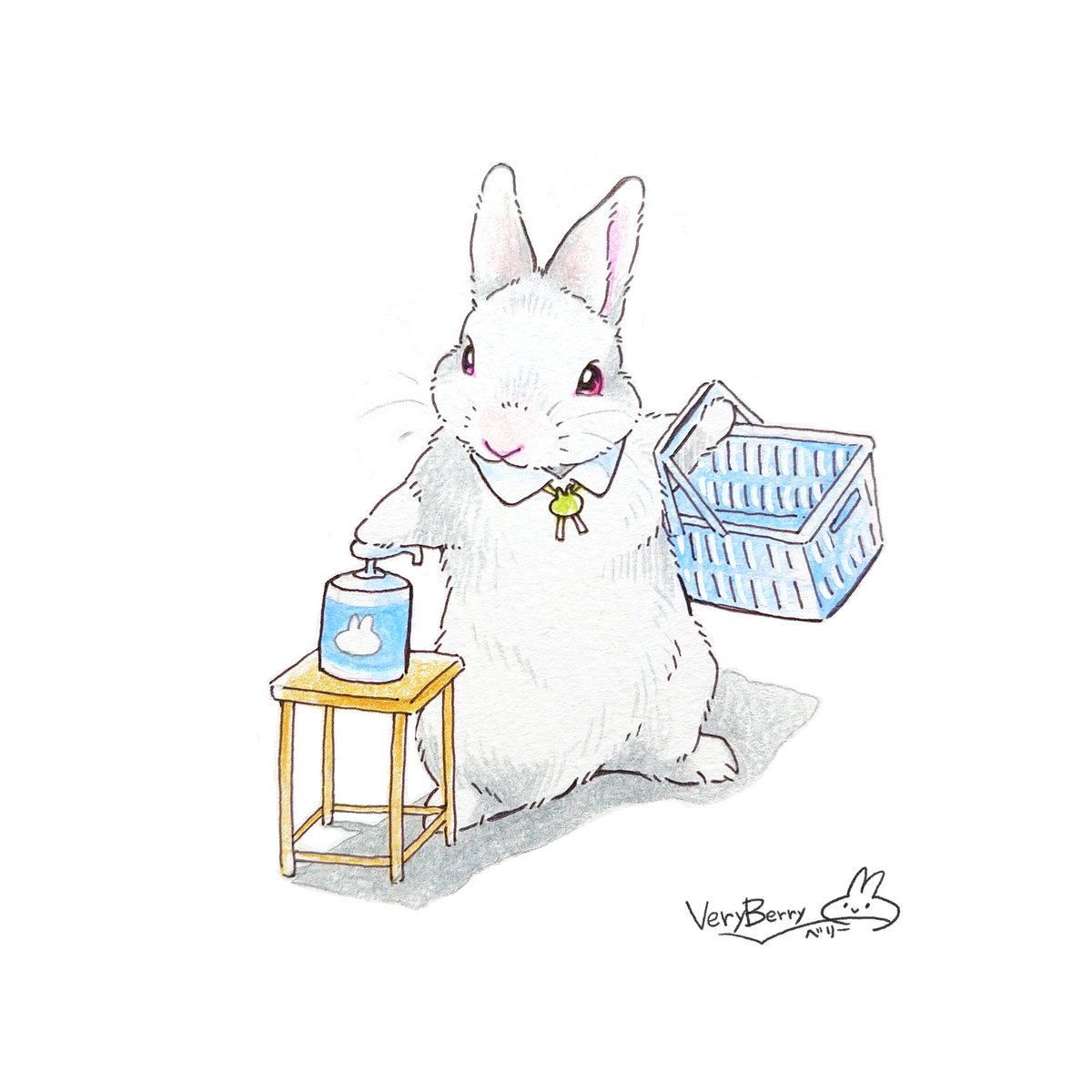 「消毒シュッシュしようとしたら

片手ふさがってて

どうしたらいいか…

悩みま」|VeryBerry うさぎ星さん4/8-9出展のイラスト