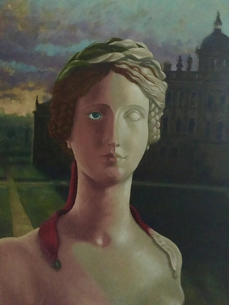 MorleyLass92's tweet photo. I painted this oil a few years ago. She is a beautiful marble bust inside #CastleHoward and you can see the house behind her. Whilst painting it I was listening to #FlorenceandtheMachine so coincidentally I named it #GirlwithOneEye from a track on #Lungs album @florencemachine https://t.co/lqfGld4A0n