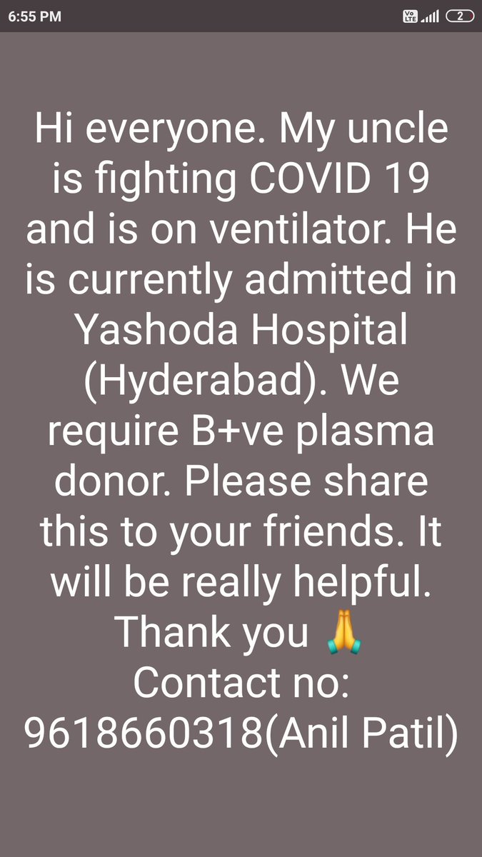 giri94_'s tweet photo. Help needed :
My friend uncle fighting Covid-19, hospitalised in HYD. Need B+ plasma donar. Pls contact to help 👇. @BloodDonorsIn @KTRTRS @AshwiniMS_TNIE @dp_satish @CMofKarnataka 
Thank you. https://t.co/1D11HpmHQT