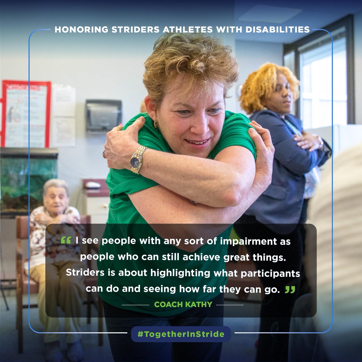 nyrr's tweet photo. As we approach the anniversary of the Americans with Disabilities Act, we’re highlighting individuals who help to create an inclusive community that inspires movement. Visit https://t.co/5NVthNxkyi to read Coach Kathy's story about her work with #NYRRStriders. #TogetherInStride https://t.co/gc1fronyE8