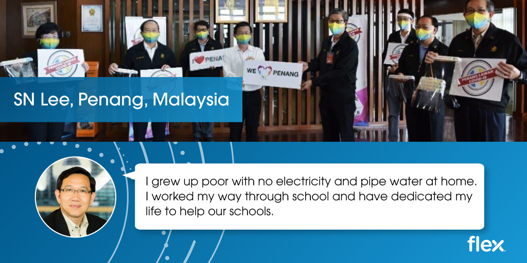 Flexintl's tweet photo. SN Lee, our VP in Malaysia is a long-time advocate for education and he rose to the occasion when COVID-19 reached his region. His generous donation of face shields and monetary support through a fundraiser went to help elementary schools in Penang. #FlexFamily #SomeGoodNews https://t.co/IVGAyJXpiG
