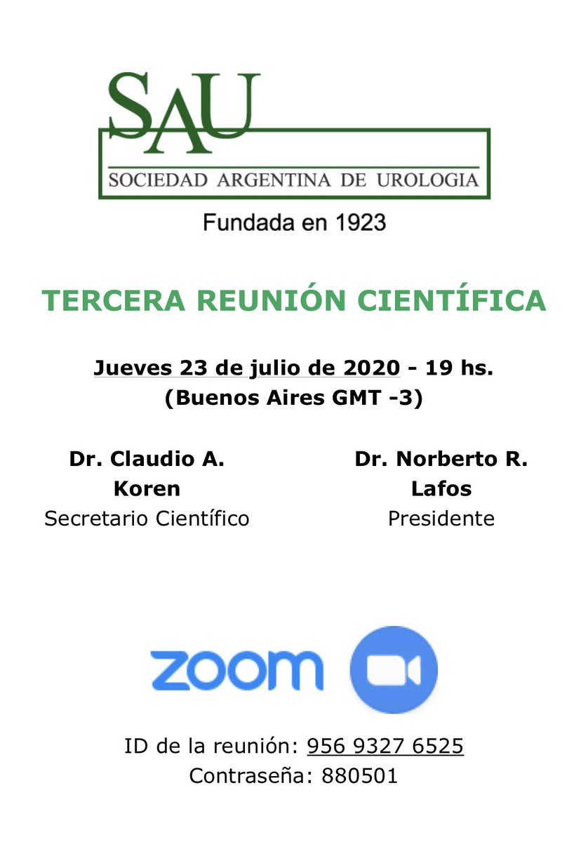 SauUrologia's tweet photo. 🎙‼️3ª REUNIÓN CIENTÍFICA SAU‼️ 🗓Jueves 23 de Julio Capítulo de Informática Médica y Capítulo de Oncología 🕰19 hs (UTC-3 Buenos Aires) @CAU_URO @ResidentesCAU @docmeetings @so_uro #UroSoMe https://t.co/SW9jTq7lyL