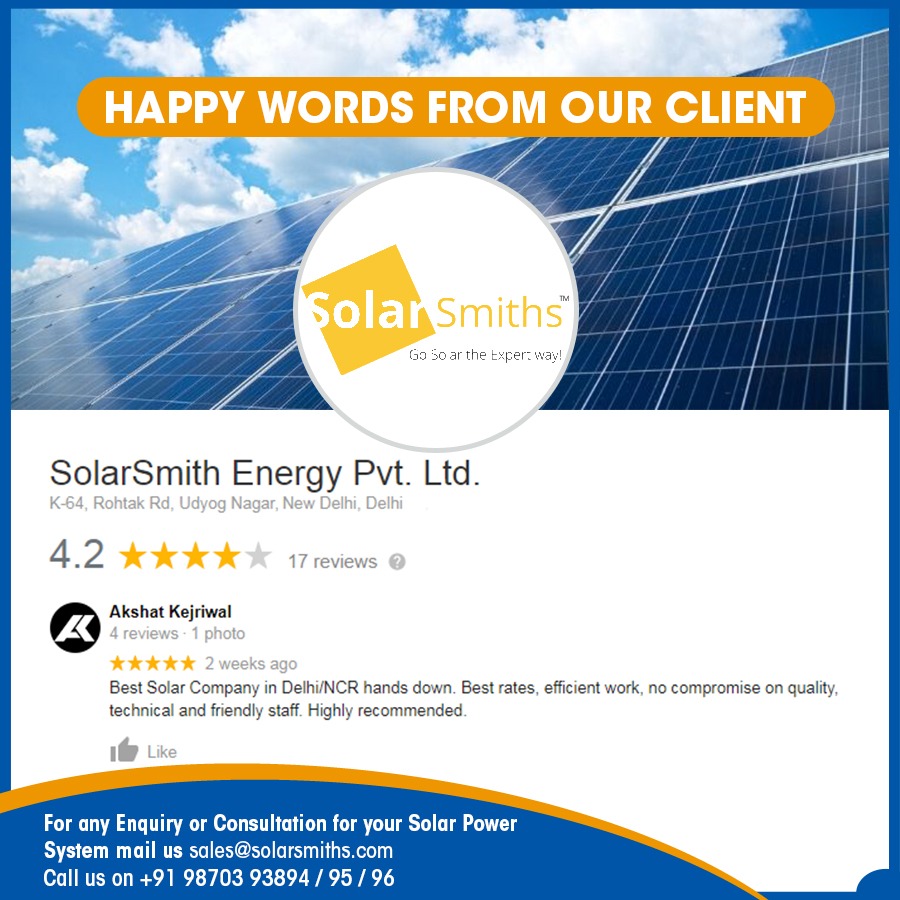 Happy Words From our Client.
Thanks for the kind words, Akshat!
.
.
#solarsmiths #solar #solarpowersystem #solarenergy #renewableenergy #cleanenergy #solarpower #greenenergy #Bestsolarcompany #solarcompany #solarinstallation #customerreview #clientreview #projectreview