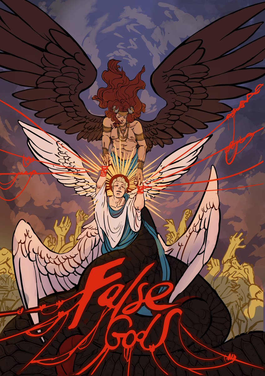 False Gods - Cover ArtCW: Blood, violence, mythical settings, false beliefs, religious abuse. Please proceed with caution.The story takes places after Rome, each of them is assigned a new job acting as a local deity in a long forgotten civilization. #goodomens  #falsegodsAU