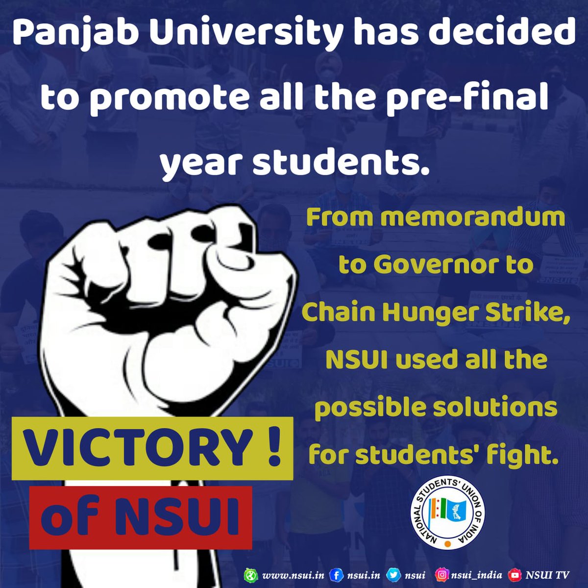 nsui's tweet image. Another Victory of NSUI !
Panjab University has decided to promote all the pre-final year students. We demand the promotion also for the Final year students and We will continue our fight for student fraternity.
#PromoteStudentsSaveFuture