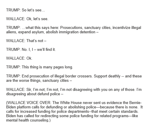 Daniel Dale On Twitter Trump Summoned An Aide To Bring Him The Sanders Biden Task Force Document He Insisted To Wallace Proposed Defunding And Abolishing Police Then Failing To Find It Said This Thing