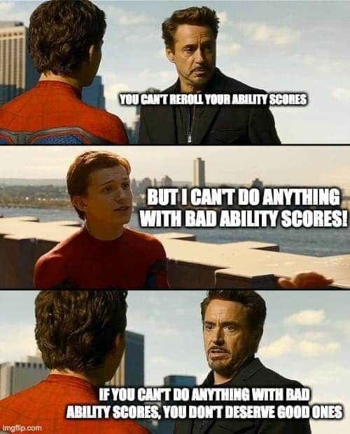 SweetTeaAndDND's tweet photo. The dice always decide. #abilityscores #spiderman #dungeonsanddragons #dnd #dnd5e #5e #dndpodcast #podcast #sweetteaanddnd #tabletoproleplayinggame #ttrpg #tabletopgame #ttg #roleplaygames #rpg #dndmeme https://t.co/ojUdUeiL9r