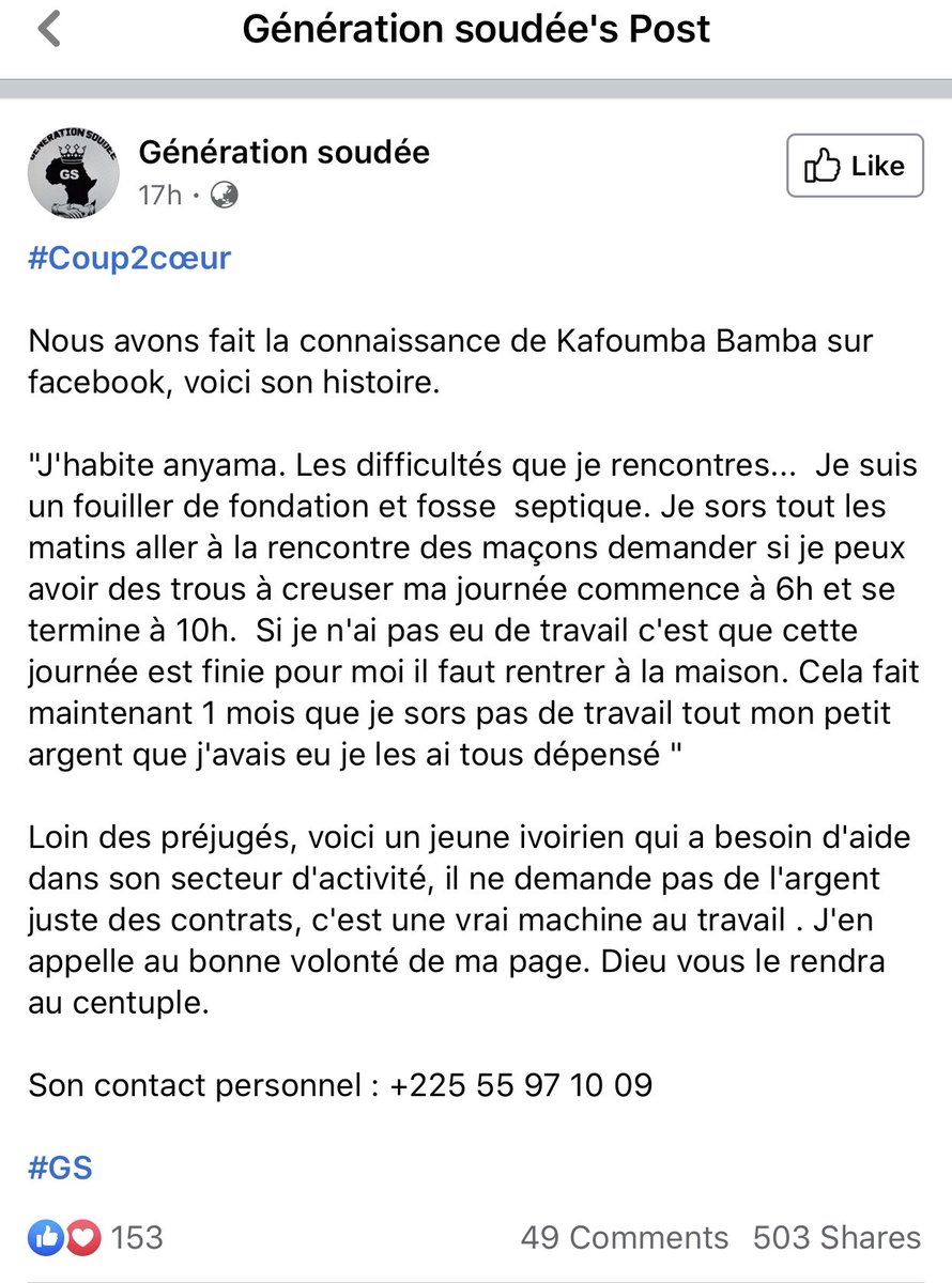 AfrikPromotion's tweet photo. Bonjour à tous, ce jeune monsieur a besoin de votre aide il ne demande pas d’argent; il voudrait juste travailler.

Kafoumba Bamba 
📞 : +225 55 97 10 09
🏠 : 🇨🇮
📍 : Anyama

Merci. https://t.co/s25PeOHXjZ