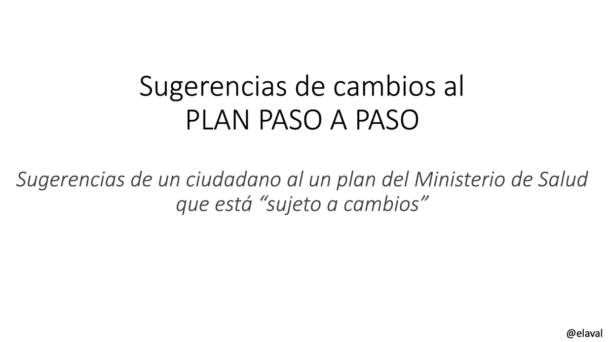 elaval's tweet photo. No me han preguntado mi opinión pero entiendo que el @ministeriosalud está muy abierto a sugerencias para mejorar el Plan Paso a Paso (sujeto a modificaciones)

Sr Ministro @DrEnriqueParis a continuación mis SUGERENCIAS DE CAMBIOS AL PLAN PASO A PASO

1/6 https://t.co/zZNZhiWzjE